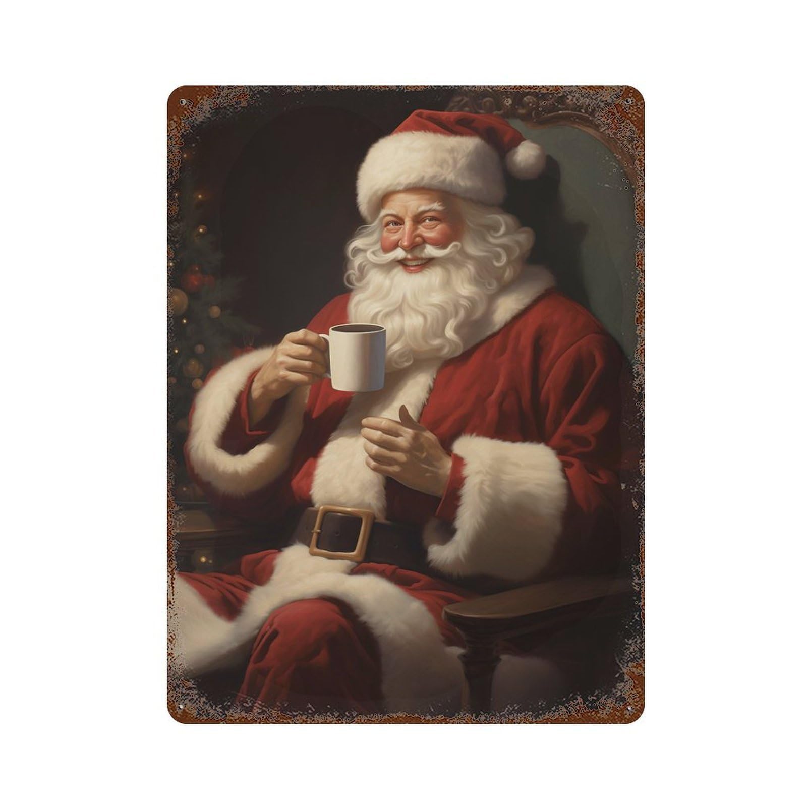 Aged Metal Wall Plaque with Santa Loves Coffee Design 15.7"x11.8", for Farmhouse, Kitchen And Entryway Decor, Retro Wall Decor