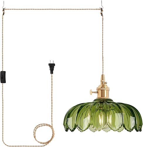 Miniatura 12 de Lámpara Colgante Enchufable Accesorio de Luz Colgante con Cable Interruptor de Encendido/Apagado Lámpara Colgante de Latón con Pantalla de Vidrio a