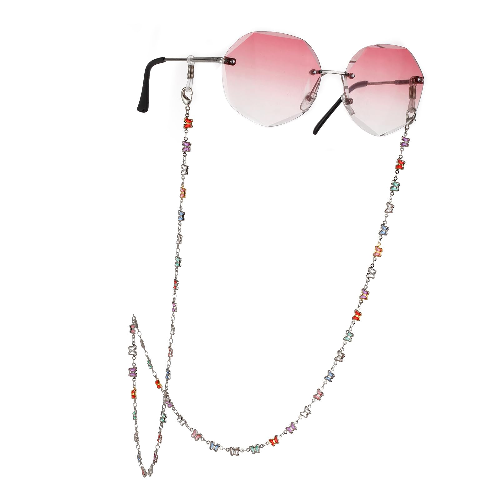AmaxerCadena de gafas de sol con diseño de mariposa y cristales de imitación, con correa para el cuello, cierre de langosta para mujer