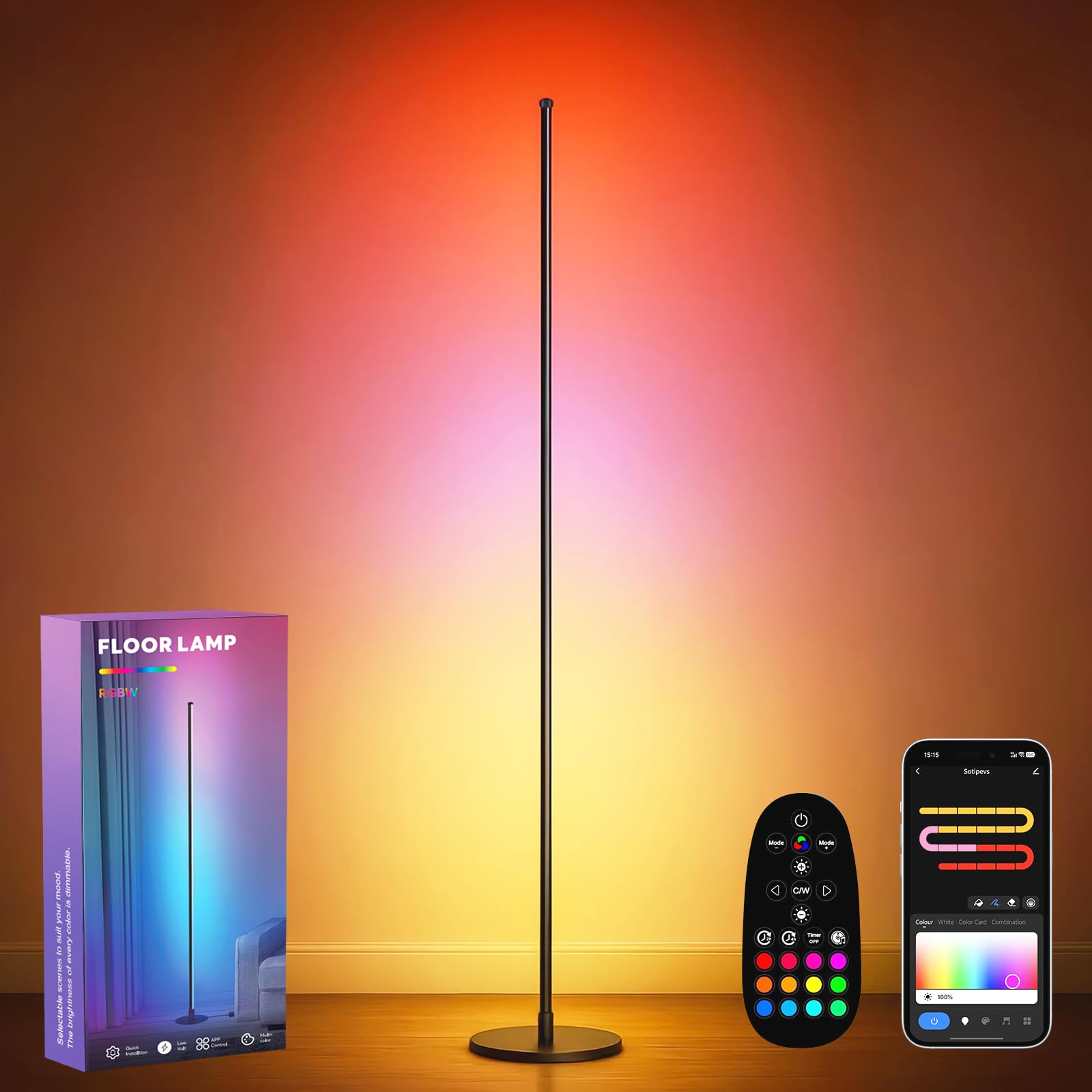 Sotipevs Corner Floor Lamp, Smart RGBICW LED Corner Lamp with App