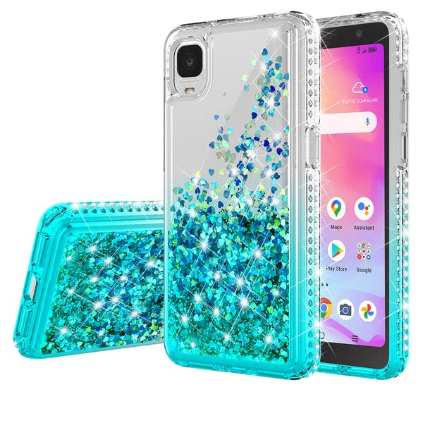 SPYCASE Liquid Glitter Phone Case for TCL ION Z / T501L / T501C Case w[Tempered Glass Screen Protector] Bling Diamond Girls Women- Aqua/Clear