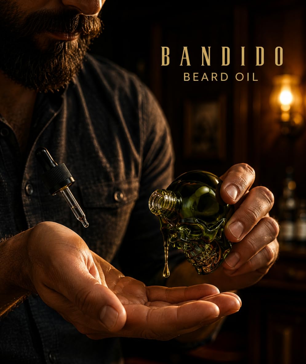 Bandido Olio per barba, per la cura quotidiana della barba di 3 giorni o barba piena, idea regalo per gli uomini, 40 ml con dispenser per pipetta, design teschio, siero per barba, colore verde