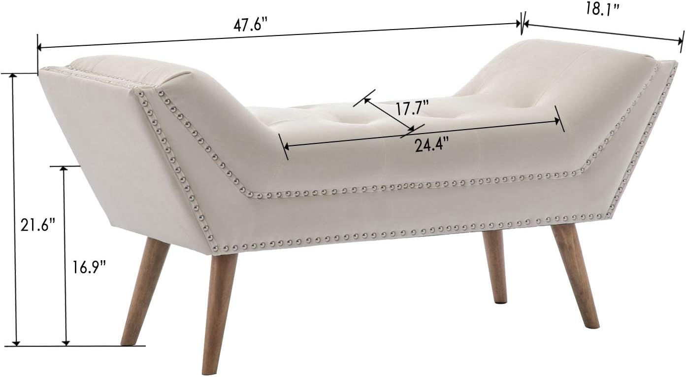 Kmax Upholstered Bedroom Bench with Arms, Button Tufted Velvet Fabric Vanity Bench with Nailhead Trim & Rubber Wood Legs, Cream