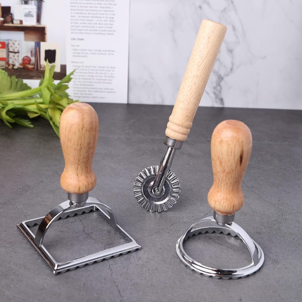 3 Pcs Ravioli Cutter with Roller Wheel Set Cookies Stamp Cutter Dough Pasta Maker Mold with Wooden Handle