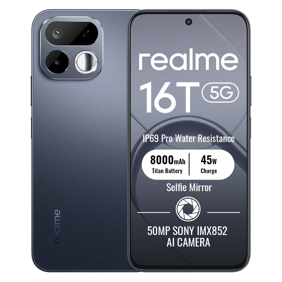 realme 16T 5G Smartphone 8GB+128GB, 6.8-inch Screen, 144Hz Display, 8000mAh Battery, 45W Fast Charging, Rear16MP+Front50MP AI Camera, MediaTek Dimensity 6300,IP69, Black