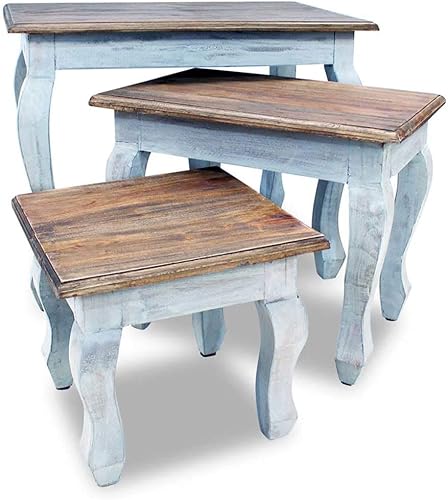 Miniatura 23 de CHARMMA Juego de mesa anidable, 3 piezas, mesas de centro de madera recuperada vintage para sala de estar, mesa apilable para mesa anidable, mesa de