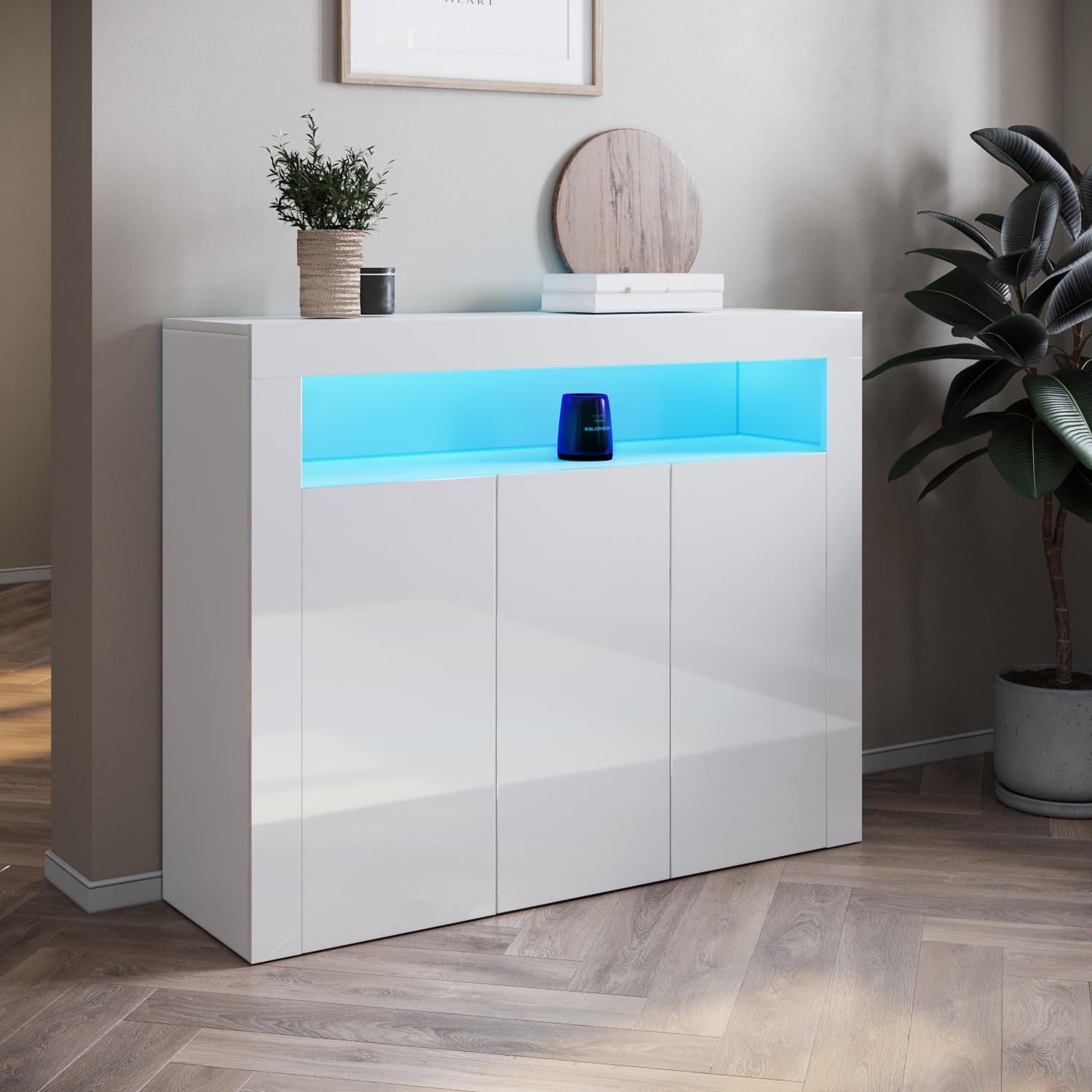 SONNI Kommode mit 3 Hochglanz Türen, LED(16 Farben), 116x35x93cm, Weiß | Sideboard mit Schrank, Komodenschrank, Wohnzimmermöbel, Wohnzimmerschrank, Standschrank für Küche, Esszimmer, Wohnzimmer