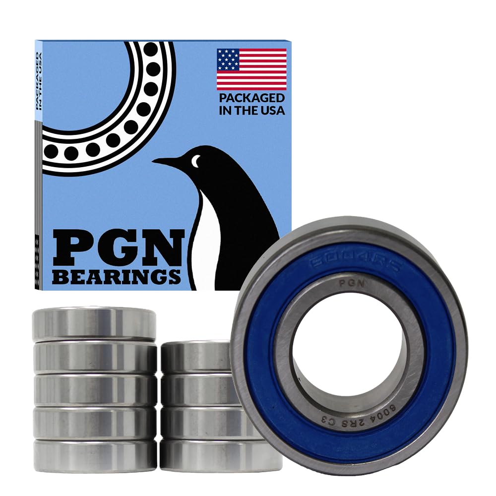 PGN (10 Pack) 6004-2RS Bearing - Lubricated Chrome Steel Sealed Ball Bearing - 20x42x12mm Bearings with Rubber Seal & High RPM Support