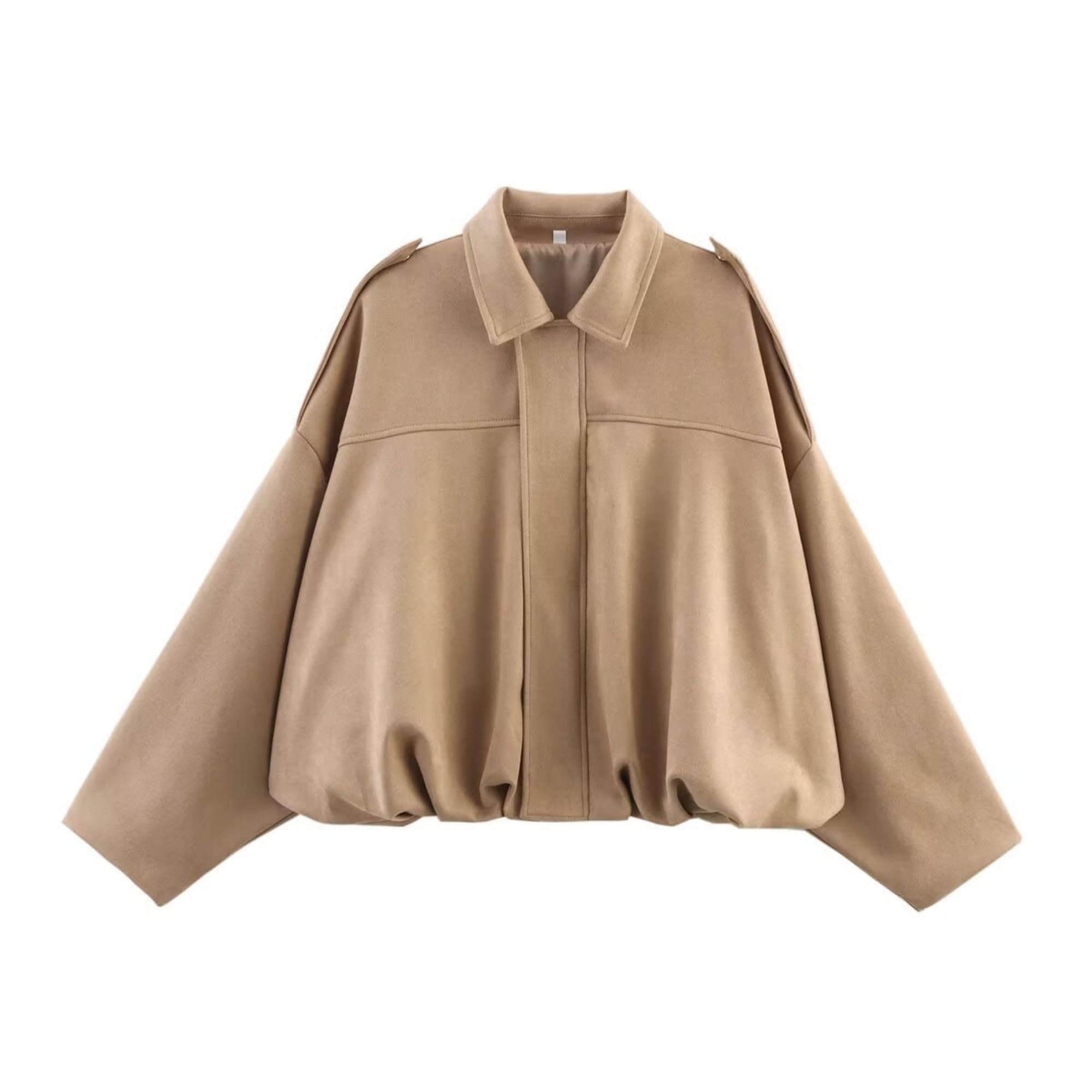 Maxryejvj Women's Khaki Faux Suede Bomber Jacket Spring Lapel Pilot Coat Casual Oversized Long Sleeves Trendy Streetwear Outerwear,-S