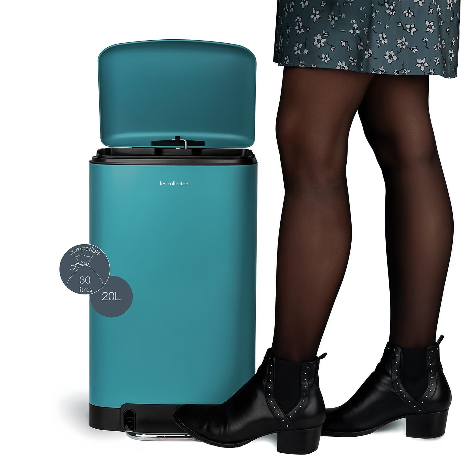 Les Collectors Pattumiera da cucina a pedale N°534, acciaio inox, capacità 20 L, compatibile con sacchi 30 L, contenitore interno rimovibile, finitura mat, resistente, chiusura silenziosa, Turchese