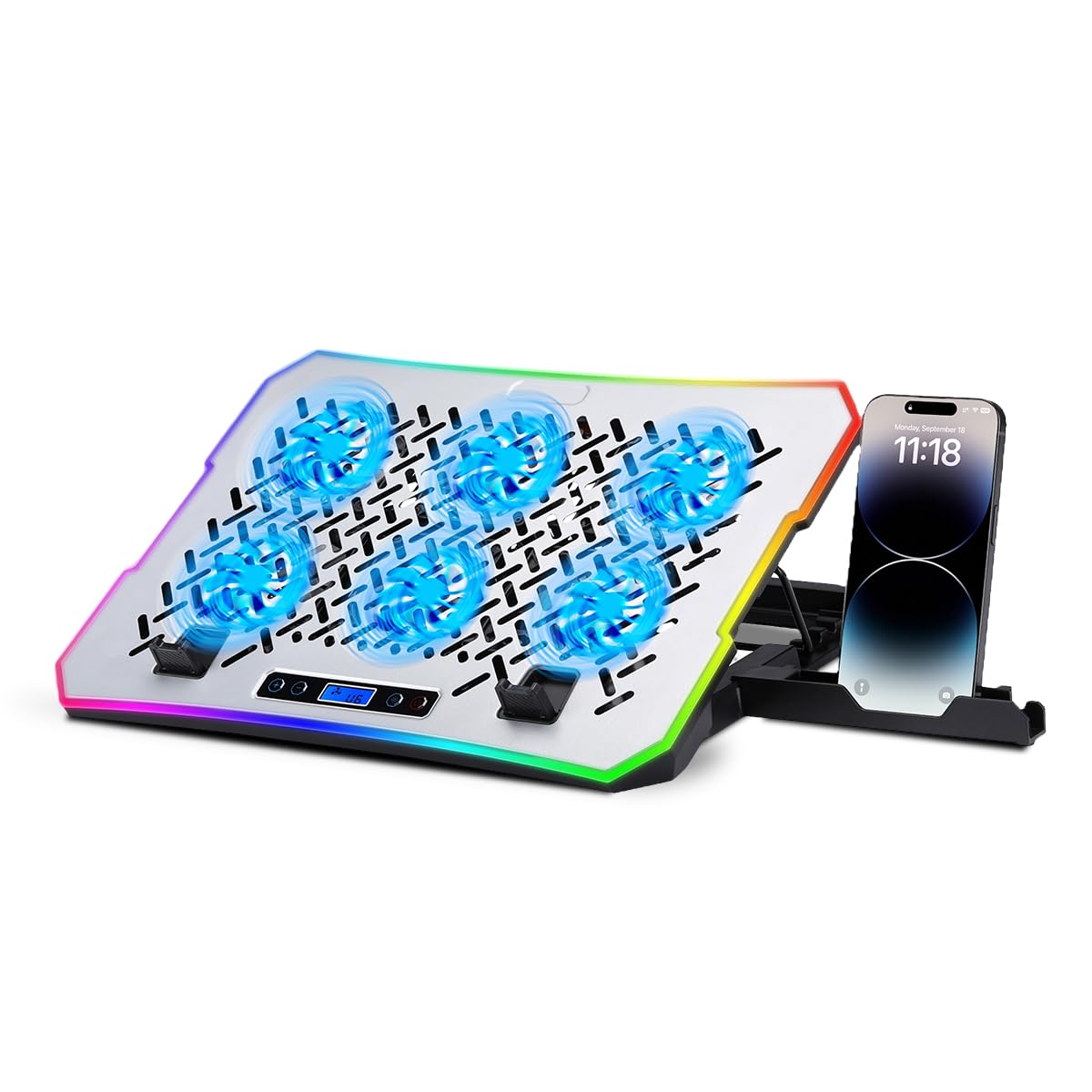 NK Base Refrigeradora Portátil Gaming 17" - 10 Modos Luces LED RGB, 6 Ventiladores Silenciosos con Velocidades Ajustables, 4 Alturas Ajustables, Puerto USB, Phone Holder, Refrigeración Rápida