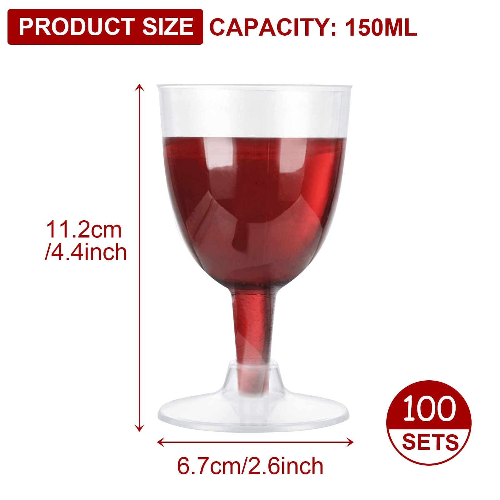 YAYODS 100 set di bicchieri da vino in plastica, 150 ml, trasparenti, infrangibili, riutilizzabili, per picnic, campeggio, barbecue, feste