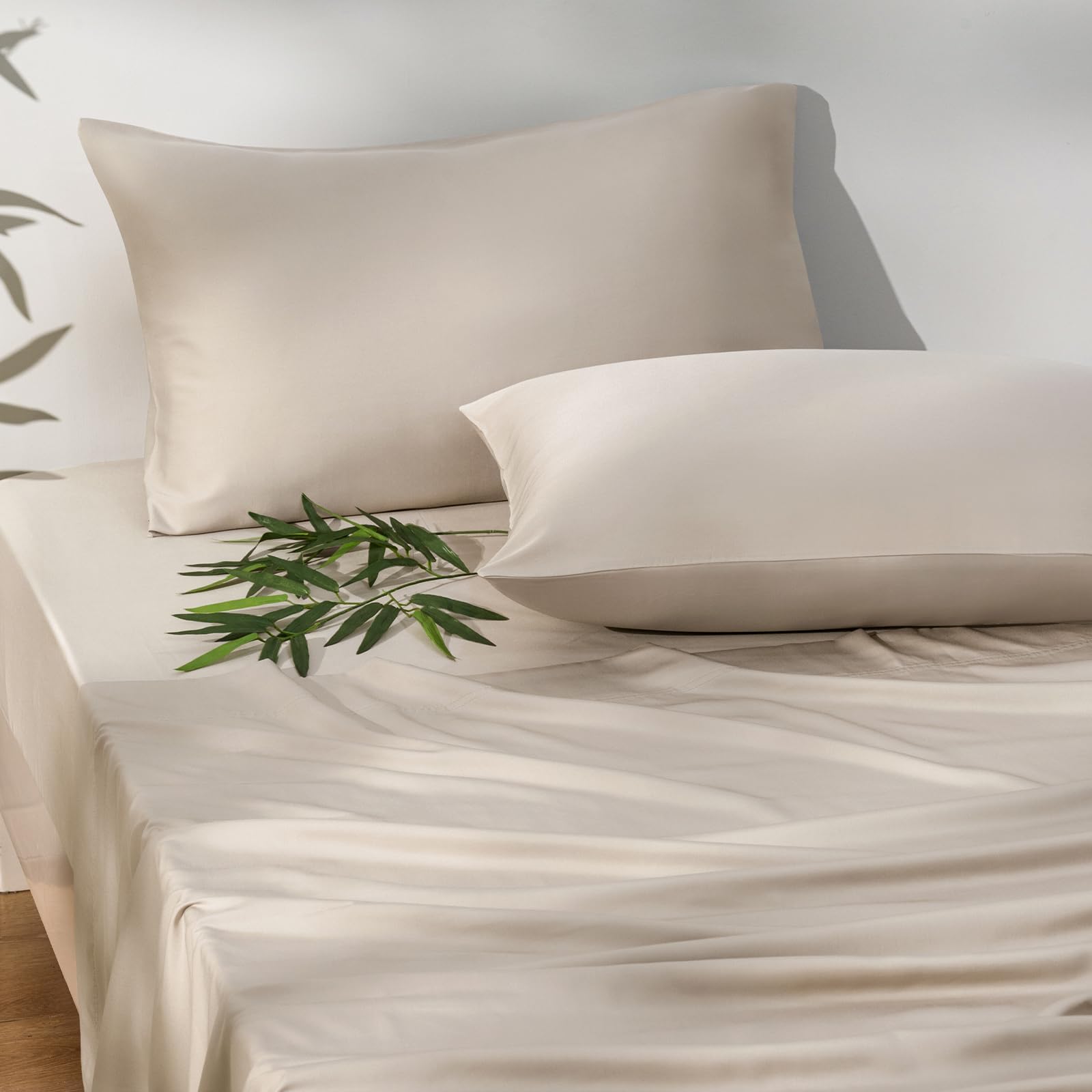 phf 4pcs 100% rayon derived from bamboo_ sheets set twin size, cooling sheets for hot sleepers, wider elastic band & 16" deep pocket, luxury silky soft breathable bedding set & pillowcase, light taupe