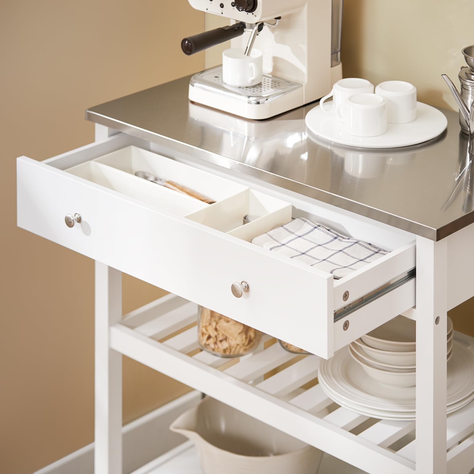 SoBuy Carrito de Cocina con Ruedas – Mesa Auxiliar con Encimera de Acero Inoxidable y Estantes Abiertos, Carrito de Servicio para Cocina, Hogar u Exterior, Blanco, 81x90x45cm FKW47-II-W