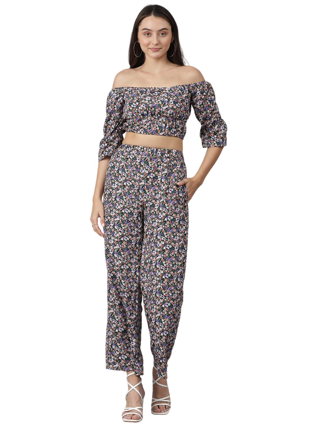 Kotty Women's Solid Relaxed Fit Off Shoulder Co-Ord Top And Trouser Set.(Multicolored,L)