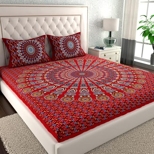 Image of LA VERNE 104 TC Cotton Double Bed Bedsheet Jaipuri Rajasthani Print Bedsheet with 2 Pillow Covers (Red N)