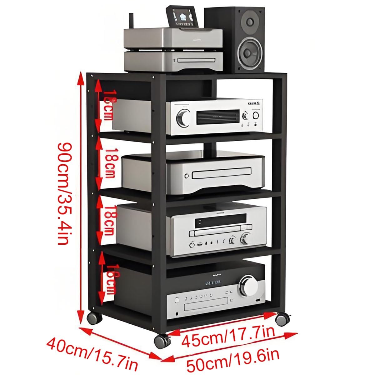 Moderno supporto AV a 5 livelli con ruote, elegante rack audio video per CD/DVD, soggiorno e ufficio, torre di archiviazione alta 129,5 cm, design funzionale