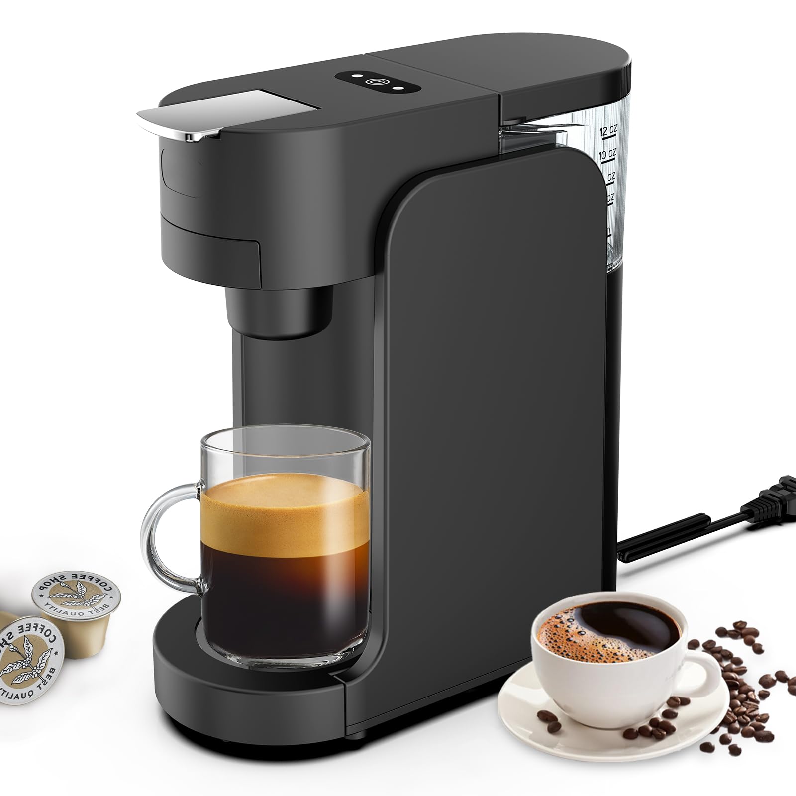 Eznaobo Cafeteras con cápsulas, K-Mini Cafetera de cápsulas K-Cup de un solo uso, 3 tamaños de infusión, botón fuerte, depósito extraíble de 350 ml, cafetera espresso muy para café en polvo (black)