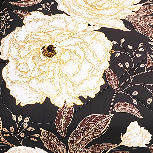Jeyfull Black Gold Floral Comforter Set 7 Piece Bed In A Bag Queen Size Flowers Leaves Bedding Set With Sheets Soft Microfiber All Season #TOP4