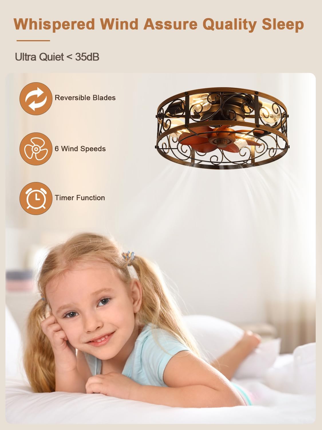 18 Inch Farmhouse Caged Ceiling Fan with Light, Rustic Style Flush Mount Low Profile Ceiling Fan for Kitchen, Bedroom