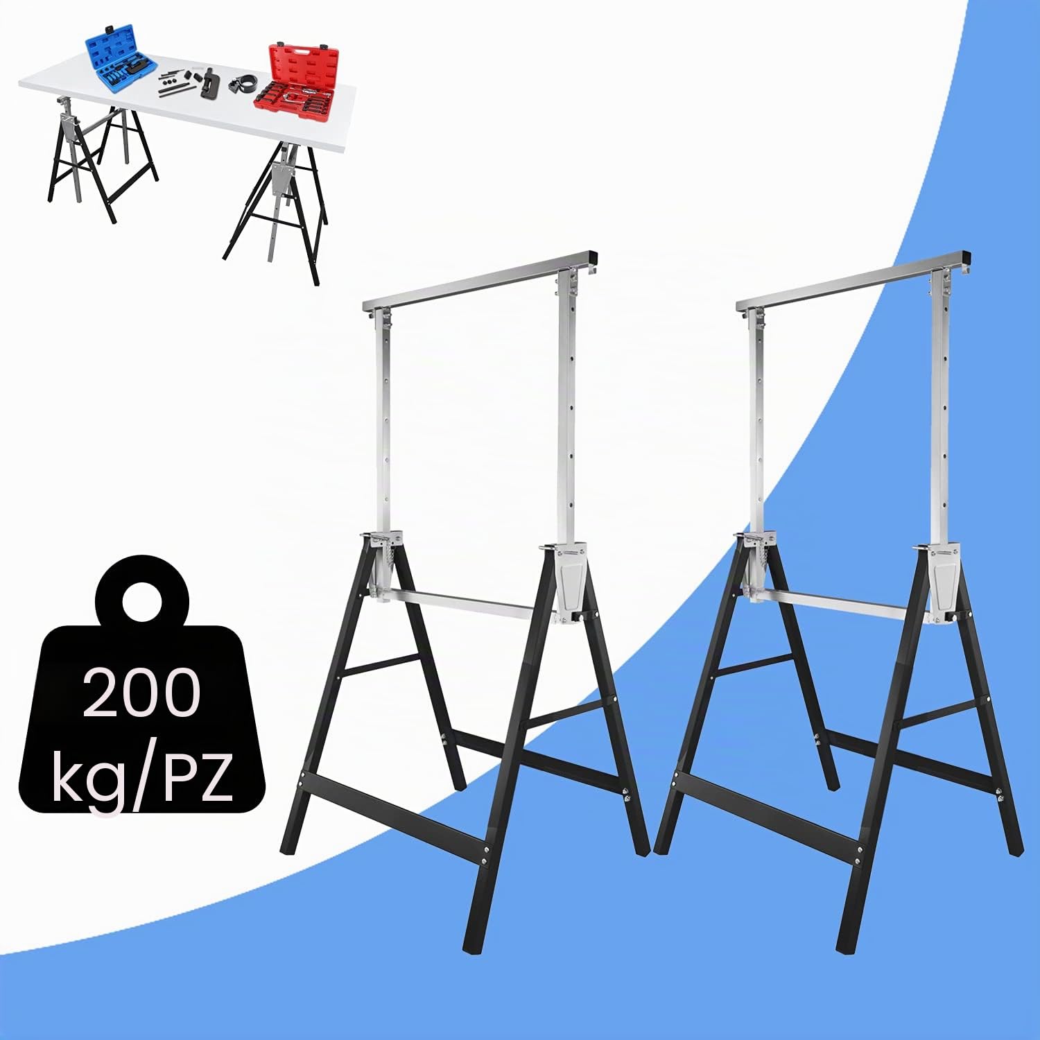 Randaco - Set di 2 cavalletti da lavoro, nero, regolabili in altezza in 7 posizioni, 80-130 cm, pieghevole, cavalletto per ponteggio stabile fino a 200 kg con dispositivo antiscivolo