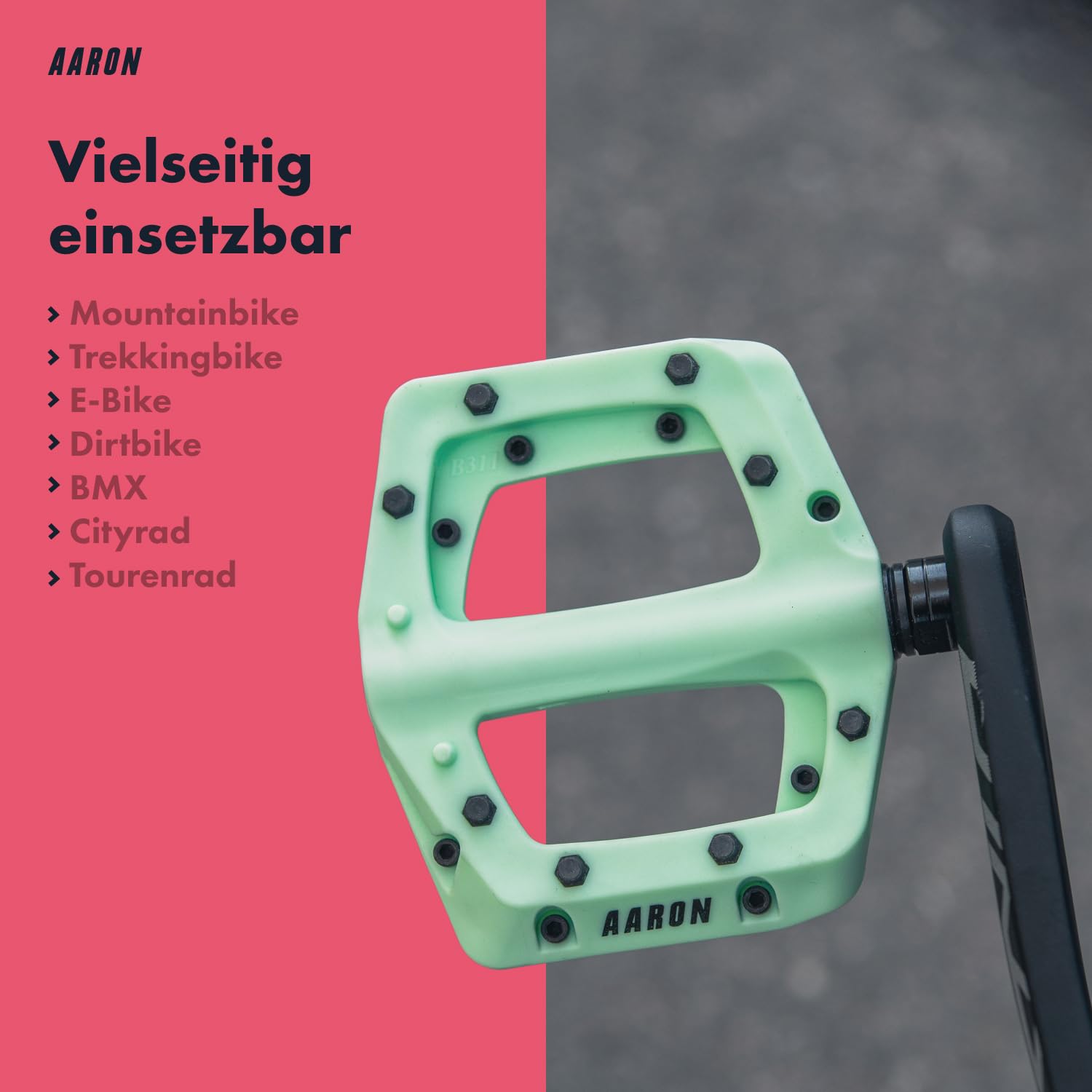 AARON Dirt MTB Pedale aus ultraleichten Nylonfasern mit abgedichtetem Industrie-Kugellager - rutschfest durch 8 austauschbare Pins - Plattform Fahrradpedale für Dirtbike, E-Bike, Downhill, Trekking