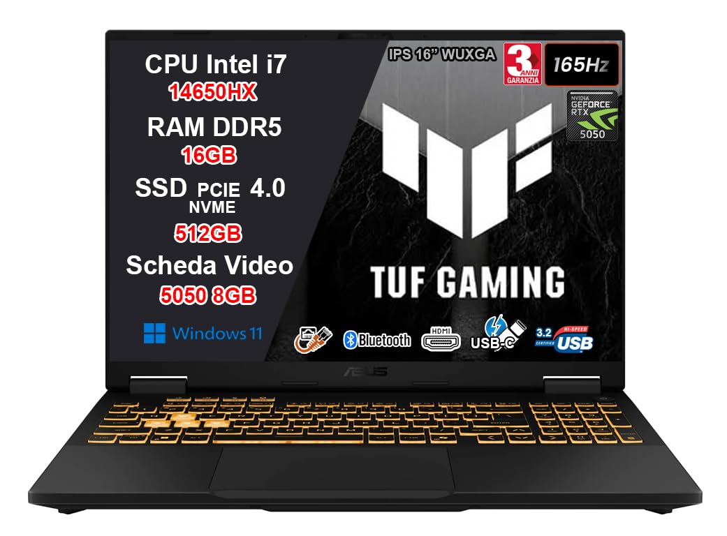 ASUS TUF Gaming F16 Intel i7-14650HX, RTX 5050 8GB GDDR7, 16GB DDR5, SSD 512GB, Display 16" WUXGA IPS 165Hz G-SYNC Anti-Glare, Thunderbolt 4, HDMI 2.1, LAN, Wi-Fi 6E, Windows 11 Home, 36 Mesi Garanzia