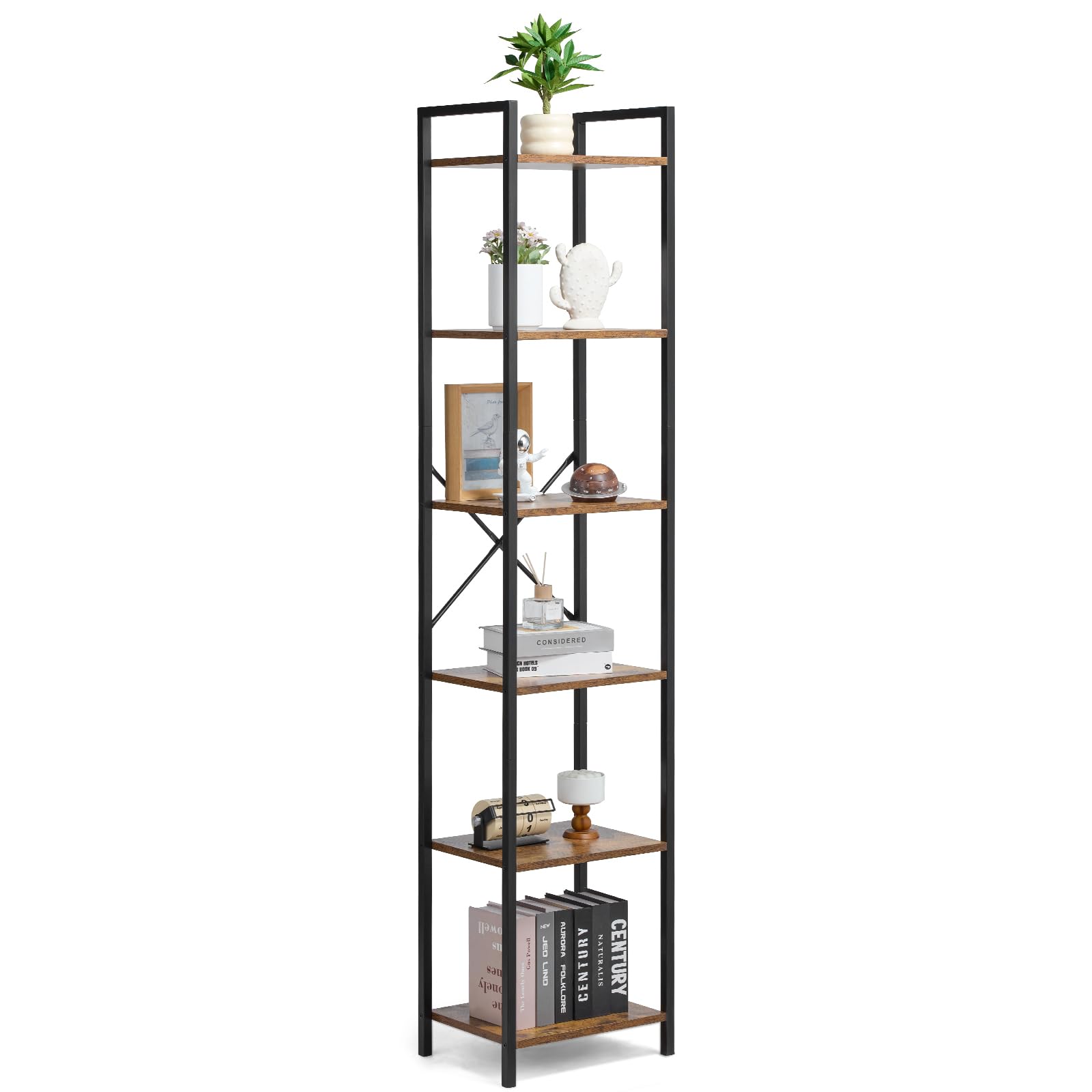 VEVOR Metal Bookshelf, 6-Tier Industrial Bookcase, Tall Narrow Rustic Vintage Storage Bookshelf with Open Shelves, Freestanding Display Shelving Unit Storage Rack, for Living Room, Bedroom & Office