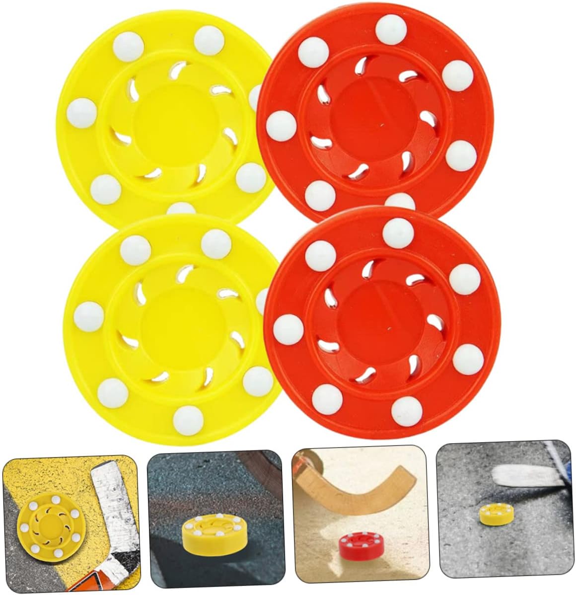 4pcs Plastic Hockey Pucks for Indoor and Outdoor Training Replaceable Low Friction Design for Consistent Shots for Roller Hockey Practice Yellow Red