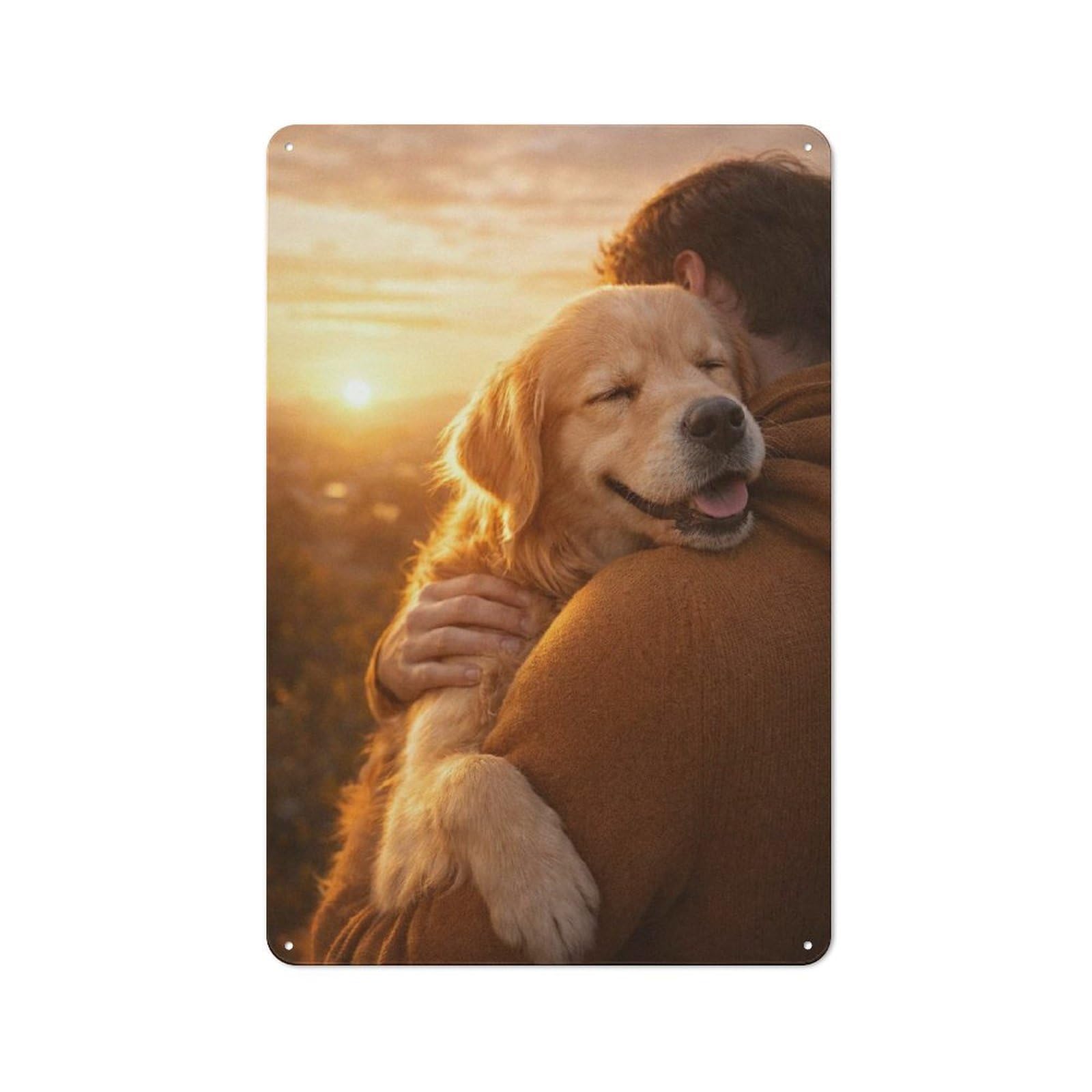 Tin Wall Sign with Golden Retriever Hugged at Sunset Design 30x20cm, Cosy Cafe Wall Decor for Kitchen, Cafe, Pantry Or Dining Room
