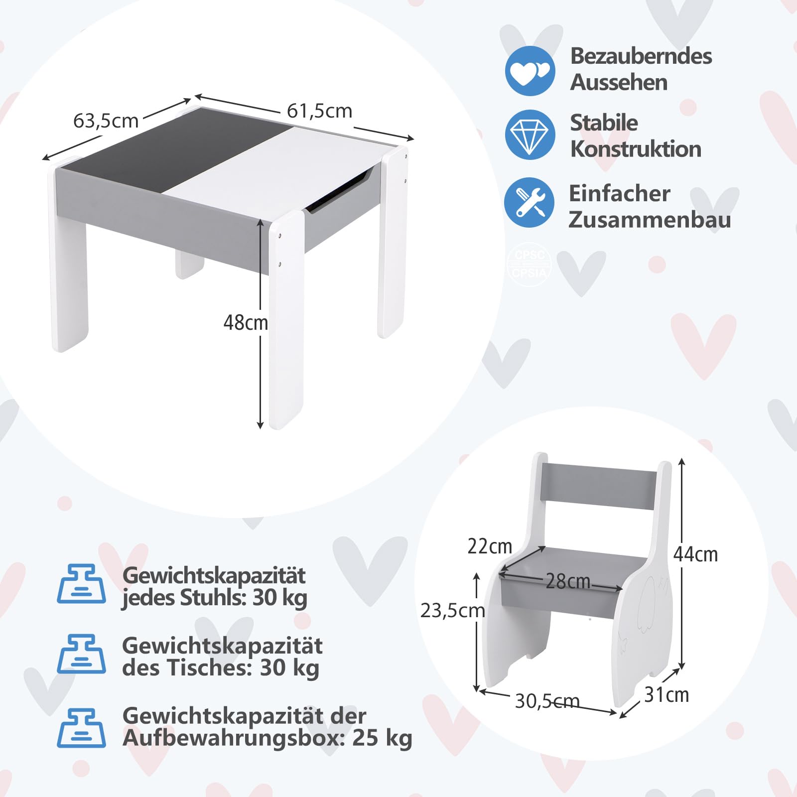 COSTWAY Stolik dziecięcy z 2 krzesłami, 3-częściowy zestaw siedzisk dziecięcych z odwracalnym i zdejmowanym blatem,zestaw siedzisk dziecięcych dla dzieci od 3 lat (jasnoszary)