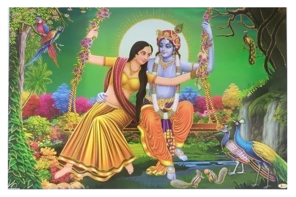 BM TRADERS Radha Krishna On Swing Golden Zari Art Work Poster Without Frame (24 X 36 Inches)