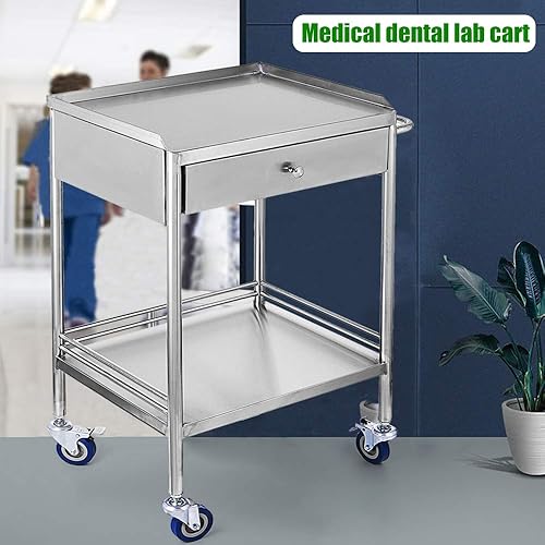 Miniatura 2 de Carrito de acero inoxidable de 2 niveles con ruedas - Carrito médico con ruedas y cajones - Carro móvil para servir carritos de laboratorio (cajón