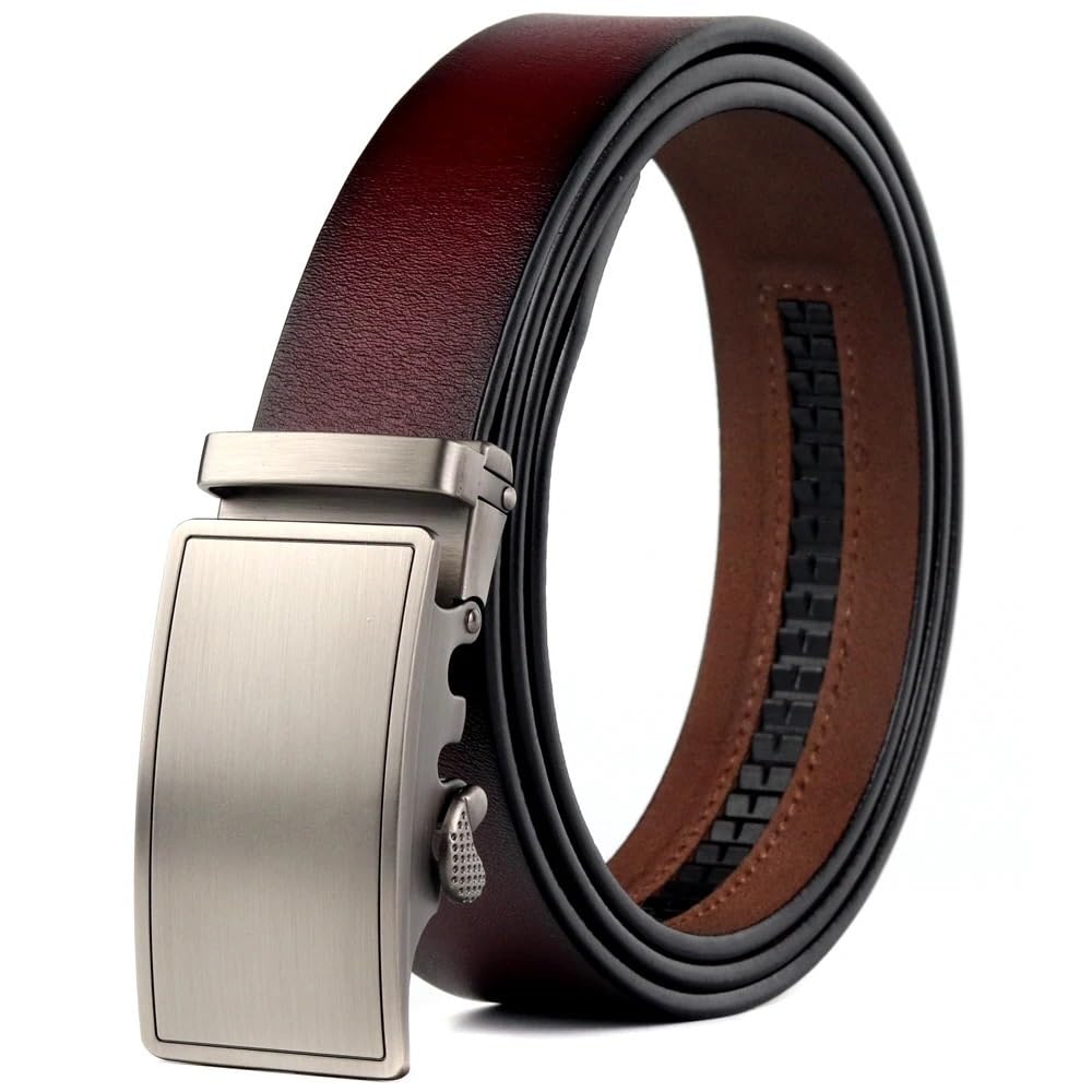 Overhil1s Men's Red Gray Belts, Belt Genuine Leather Retro Series Automatic Buckle Simple Length 110Cm-130Cm(Length 110Cm)