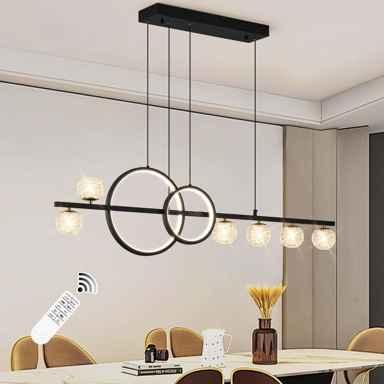 ORANOOR Modern Black Gold Chandeliers for Dining Room, 47in Dimmable LED Chandelier Linear Pendant Light for Kitchen Island, Upgraded 6 Globe Hanging