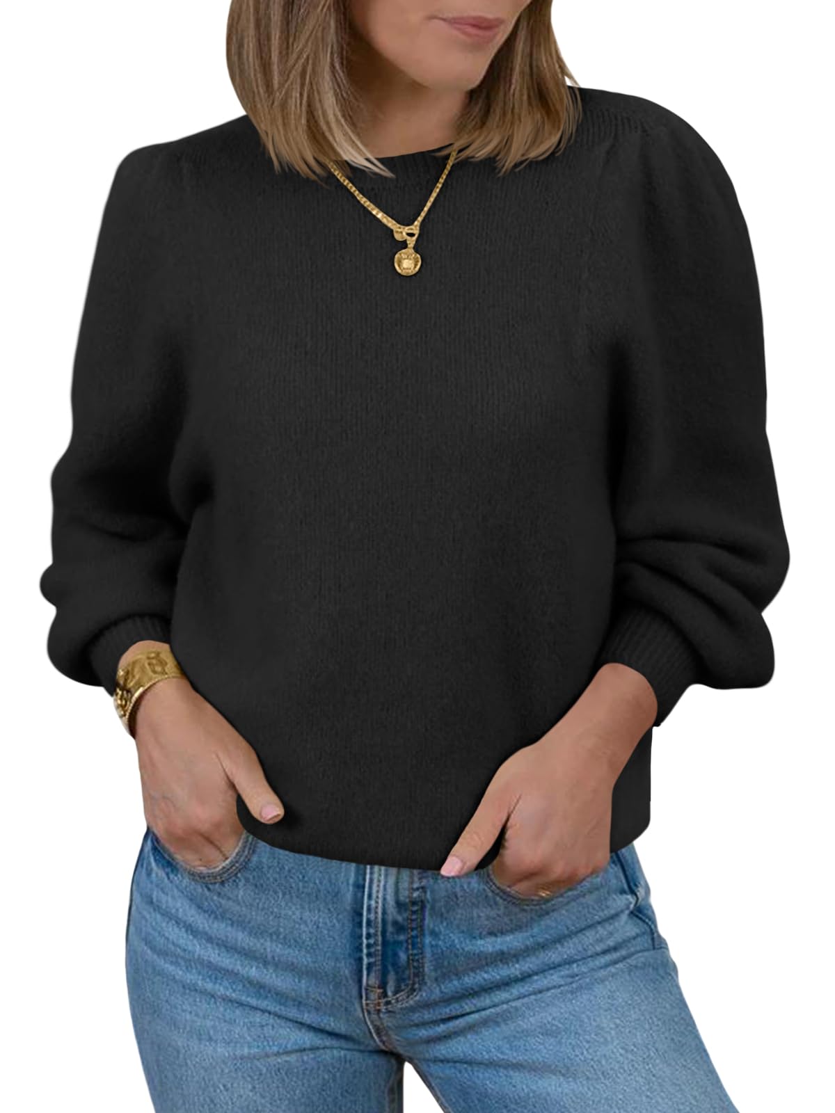 Saodimallsu Womens Puff Long Sleeve Sweaters Fall Crew Neck Cozy Soft Knit Loose Casual Pullover Tops
