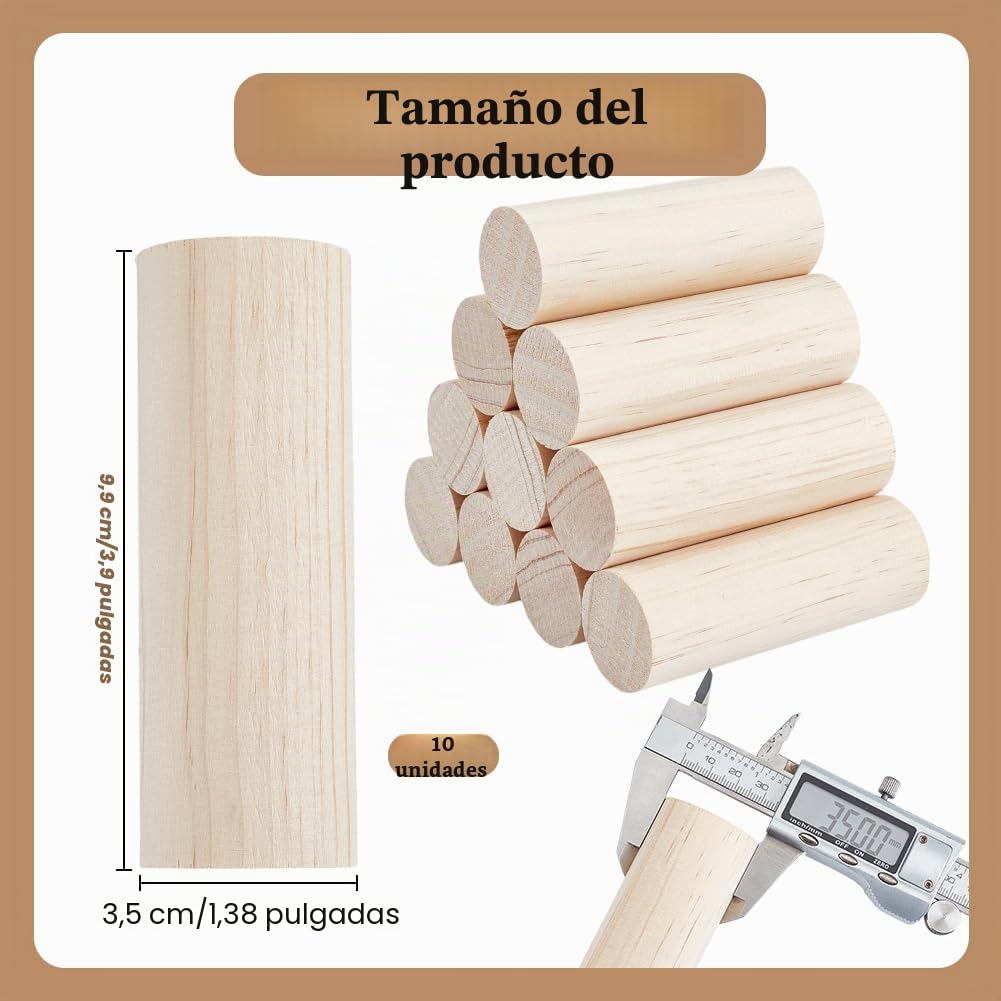 OLYCRAFT - 10 Varillas de Madera en Bruto, 99 x 35 mm, Clavijas Redondas, Vírgenes, Tacos para Bricolaje