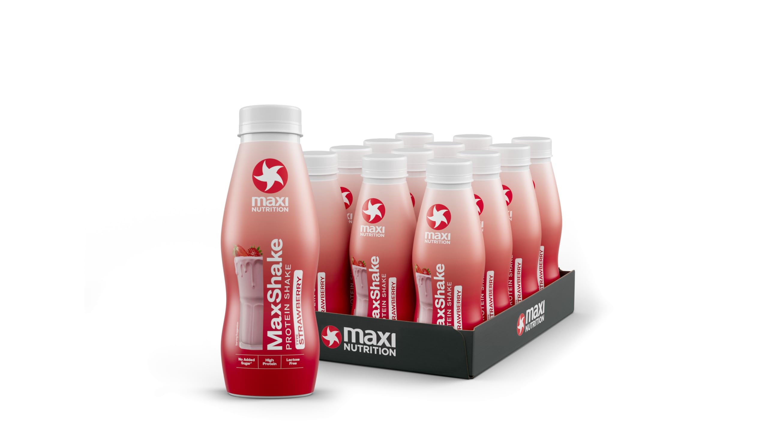 MaxShake Protein Milkshake Strawberry, 12 x 330 ml, Creamy Protein Shake for Travel, 25 g Protein, Low Fat and Low Carb, Lactose-Free, No Artificial Flavours