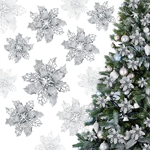 GWHOLEクリスマス 飾り オーナメント ポインセチア 銀 造花21枚セット クリスマスツリー飾り クリスマスリース 装飾 飾り付け ラメ入り キラキラ シルバー 自宅 店舗 玄関