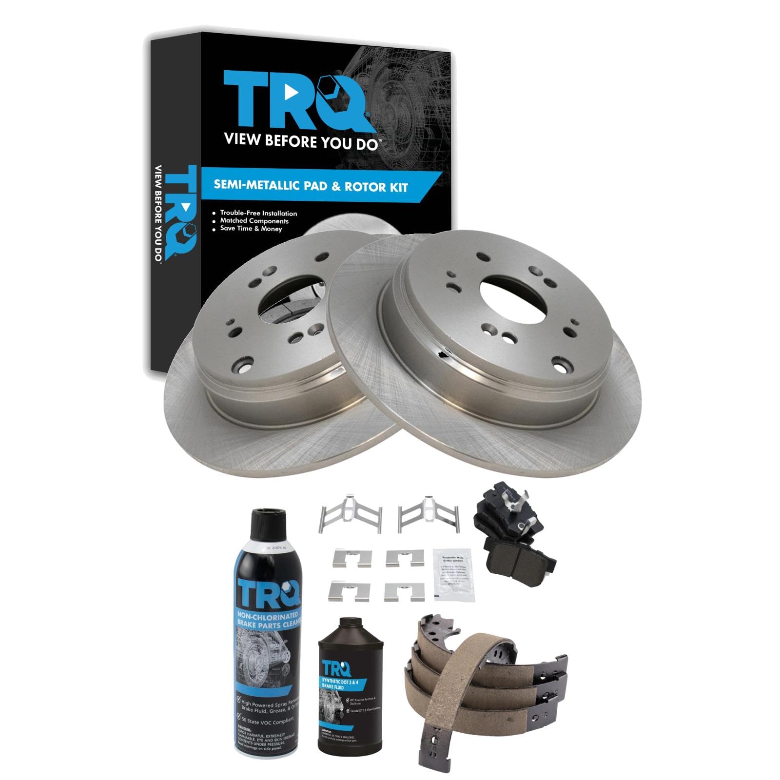 TRQ Rear Brake Pad &amp; Rotor Kit, with Chemical Kit Parking Brake Shoe Set Semi-Metallic Compatible with 2010-2018 Acura RDX 2007-2016 Honda CR-V