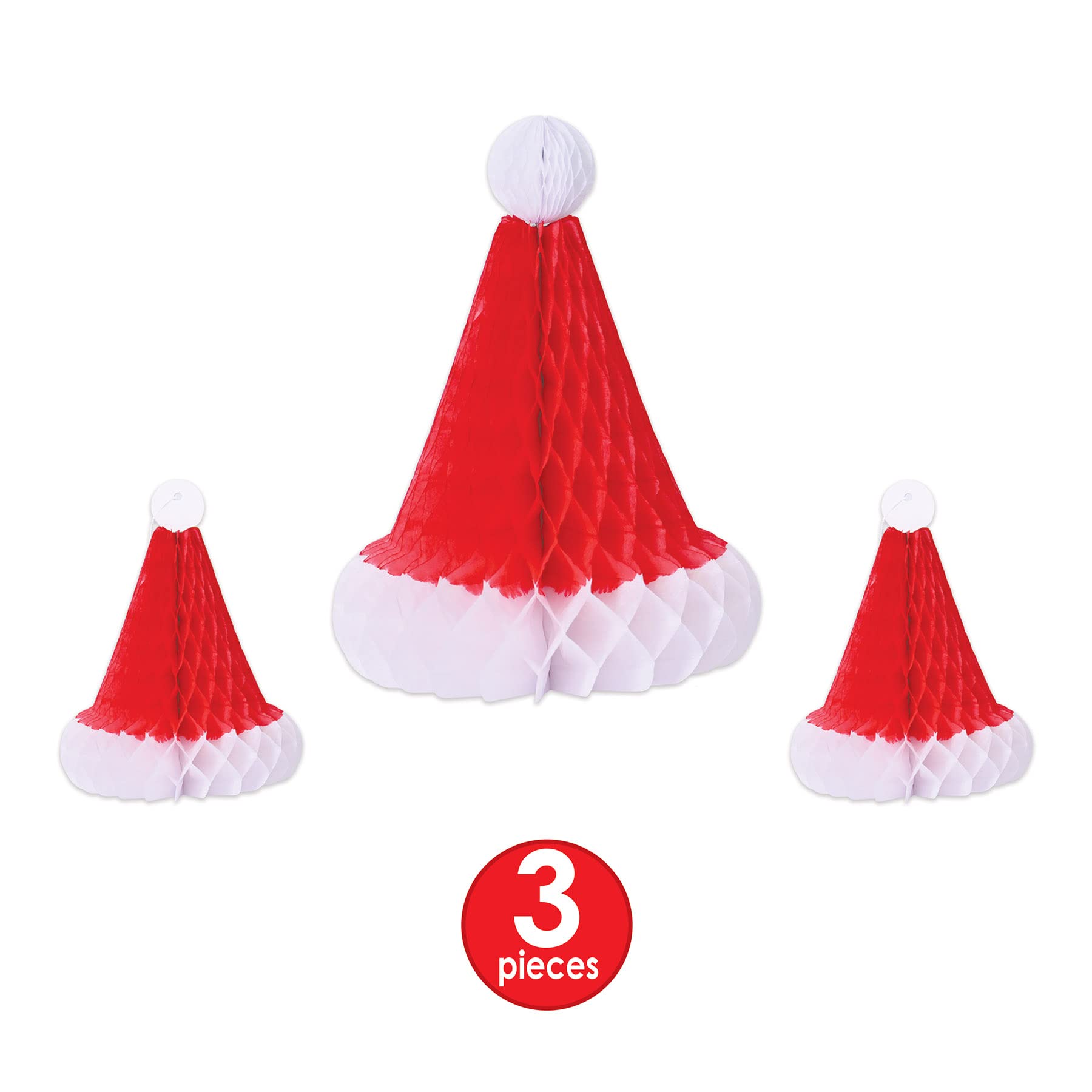 Beistle 3 Sombreros de Papá Noel de Papel de Seda de Panal para Decoraciones de Fiesta de Navidad, Rojo/Blanco