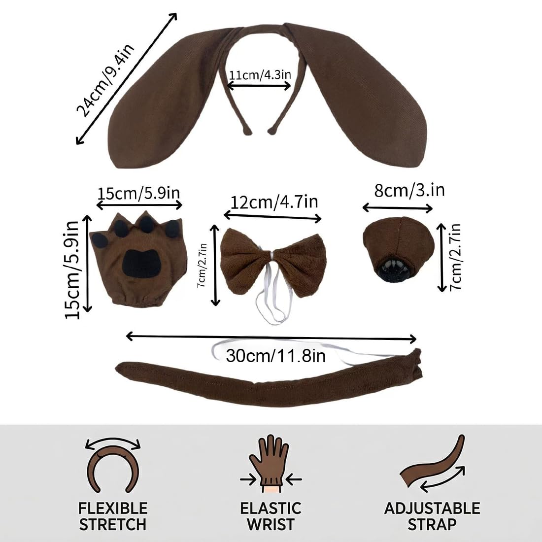 Dackel-Hunde-Set, 5-teiliges Welpen-Kostüm-Set, inklusive Dackel-Haarband, Nasenschwanz, Handschuhe, Fliege für Erwachsene, Kinder, Cosplay, Kindertag, Weihnachten, Tier-Mottoparty