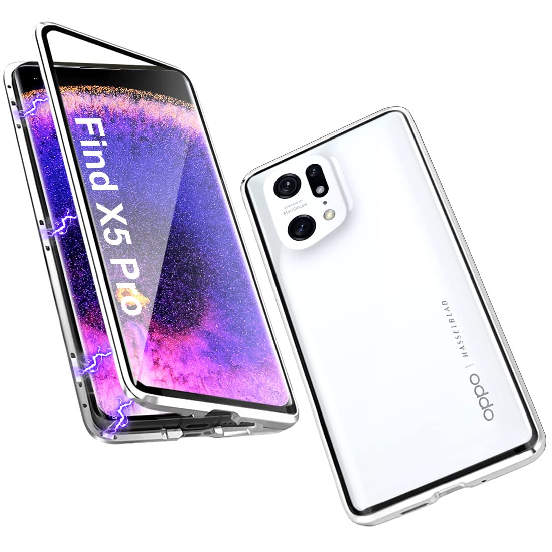 DOCOOCase Compatible with Oppo Find X5 Pro, Magnetic Adsorption Case 360 Protection Front Back Cover Tempered Glass Aluminium Frame Case, Silver