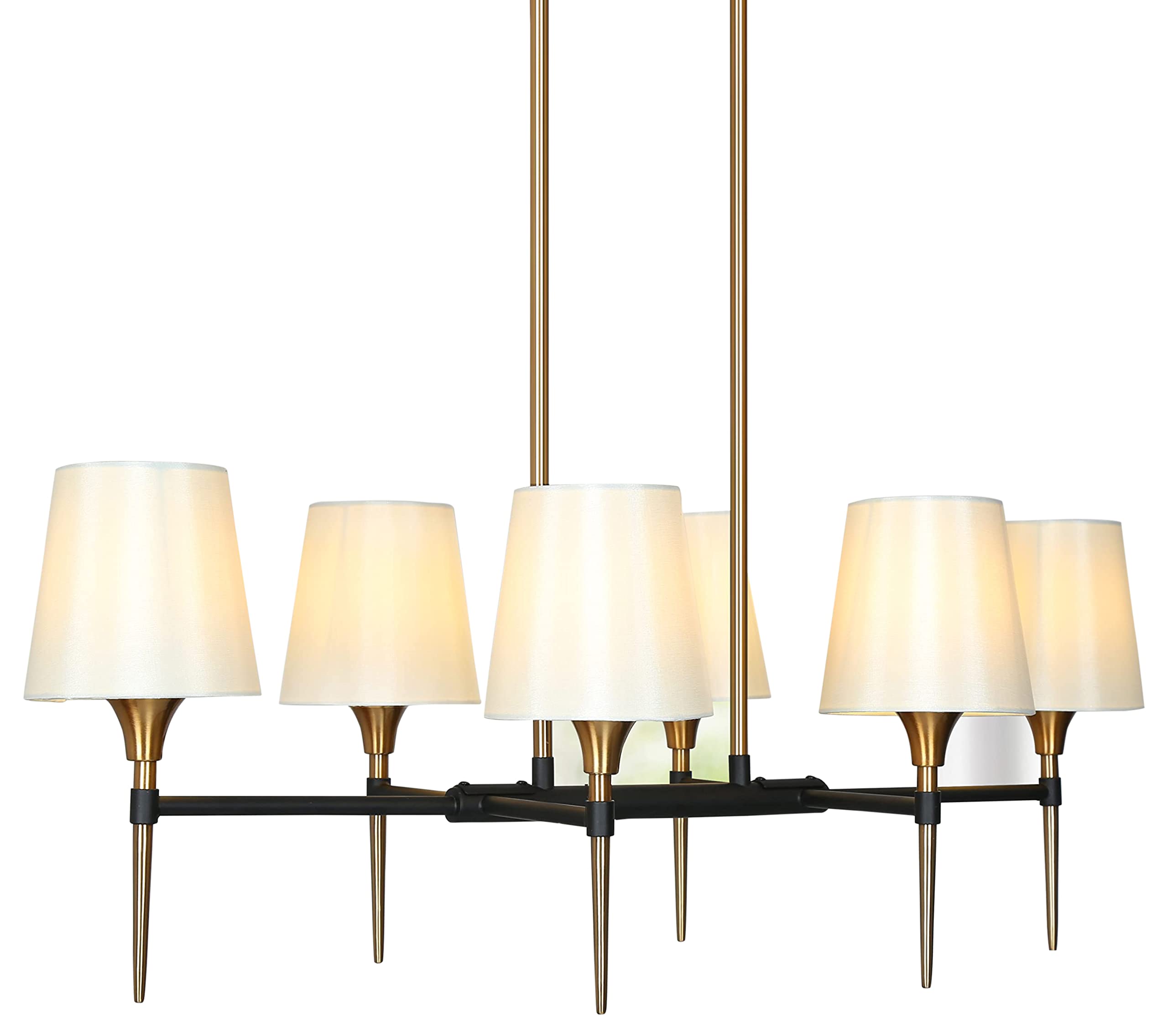 Uolfin Black and Gold Chandelier, 6-Light Modern Farmhouse Dining Room Light Fixture with White Fabric Shades, 31.5’’ Large Hanging Kitchen Island Lighting with Black and Brass Finish