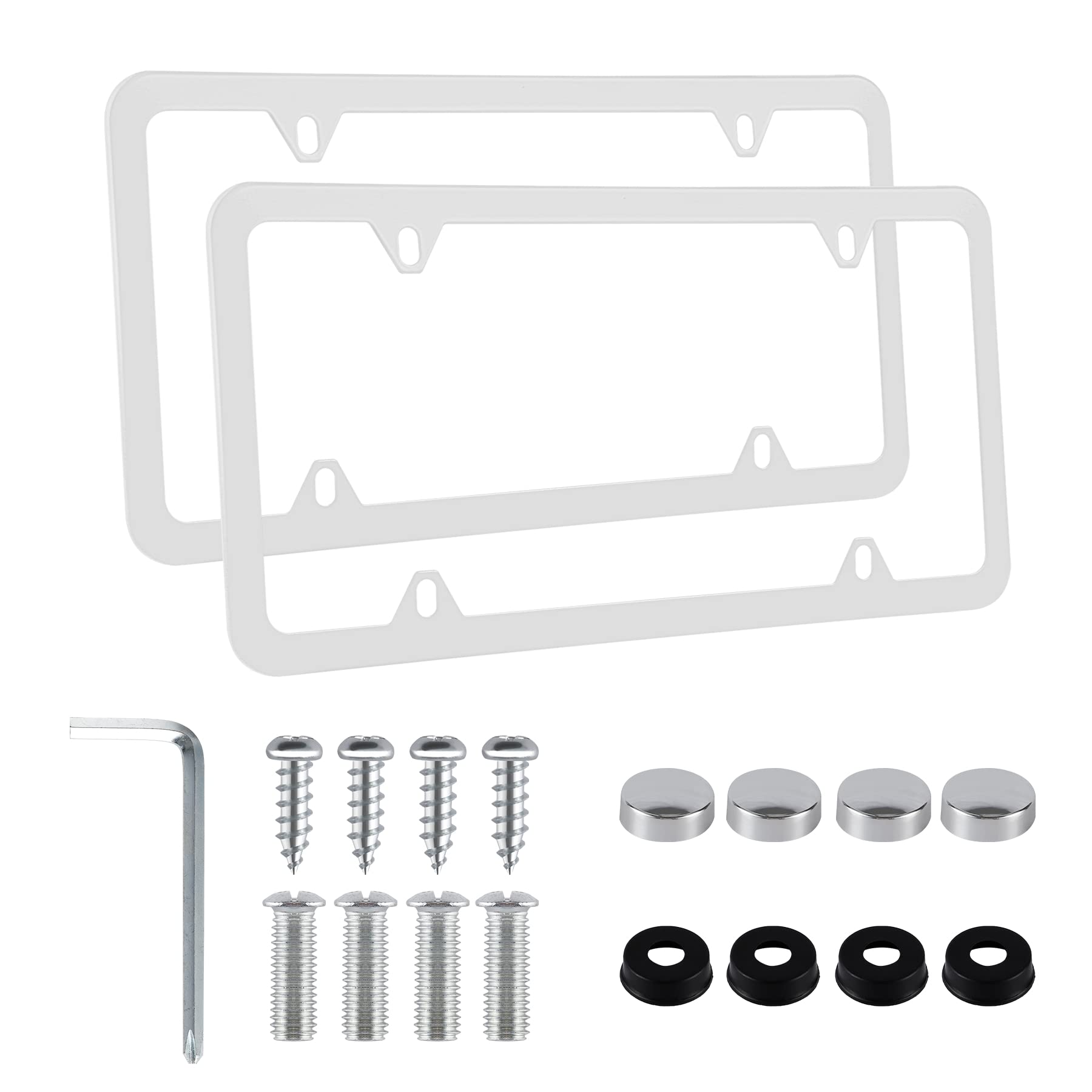 Alpmosn 2PCS Stainless Steel License Plate Frames, 4 Holes Car Licence Plate Covers with Screws Washers and Caps, Car Exterior Accessories, License Plate Holder for US Vehicles (White)