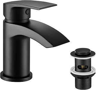 Basin Mixer Taps Waterfall Black with Slotted Pop-up Waste Bathroom Sink Tap Mixers Mono 1 Hole Single Lever Modern with G1/2\'\' Hoses Round Cloakroom Taps Hot and Cold Water Mixer