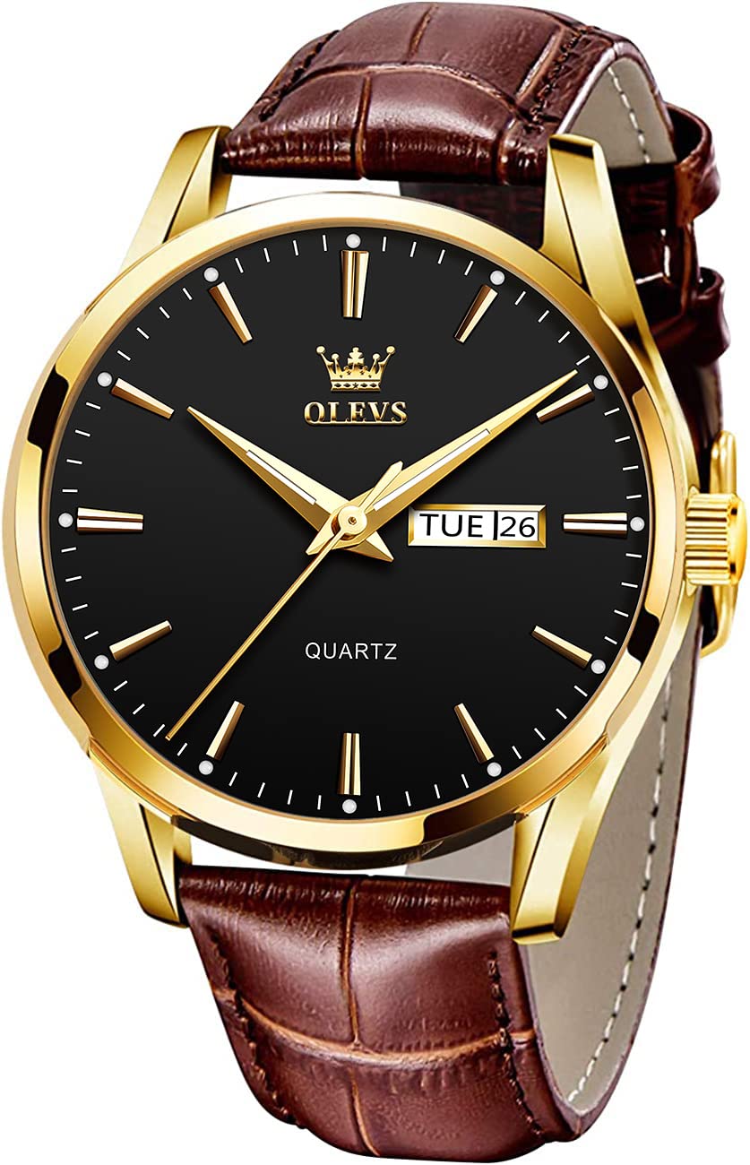 OLEVSWatches for Men Brown Leather Gold Case Analog Quartz Fashion Business Dress Watch Day Date Luminous Waterproof Casual Male Wrist Watches