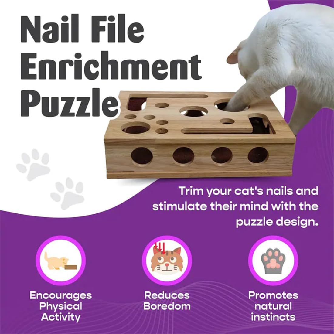 Caja de enriquecimiento de lima de uñas para gatos, caja de enriquecimiento de rompecabezas de rascar para gatos, regalo para gatos que odian que les corten las uñas, alternativa libre de estrés