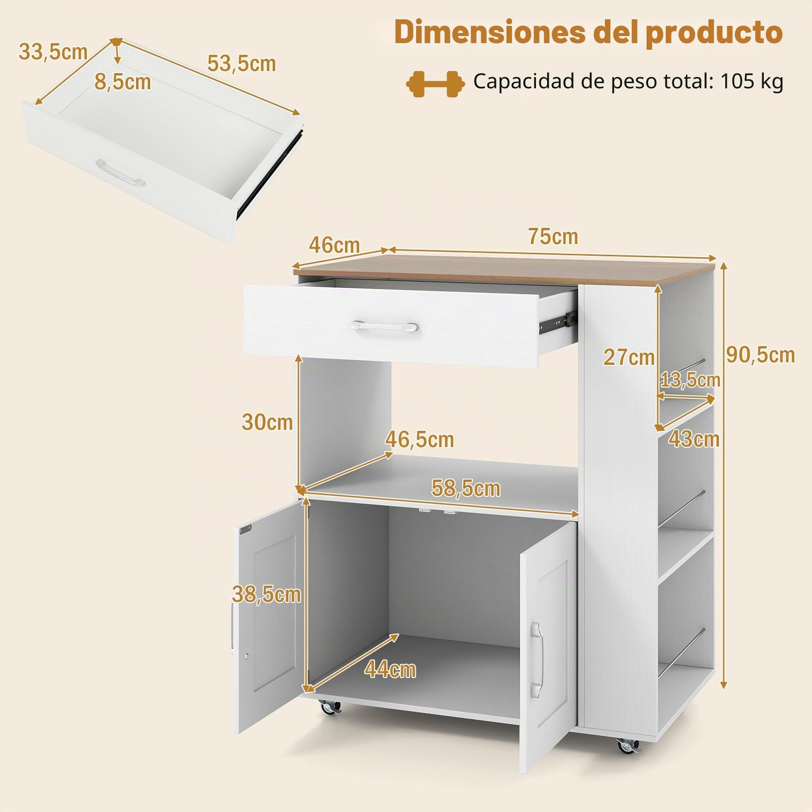 GIANTEX Carro de Cocina con Cajón, Isla de Cocina de Madera con Ruedas, con 1 Cajón, 2 Puertas y 3 Estantes Laterales, Mueble Auxiliar de Almacenamiento para Comedor, 75 x 46 x 90,5 cm (Blanco)