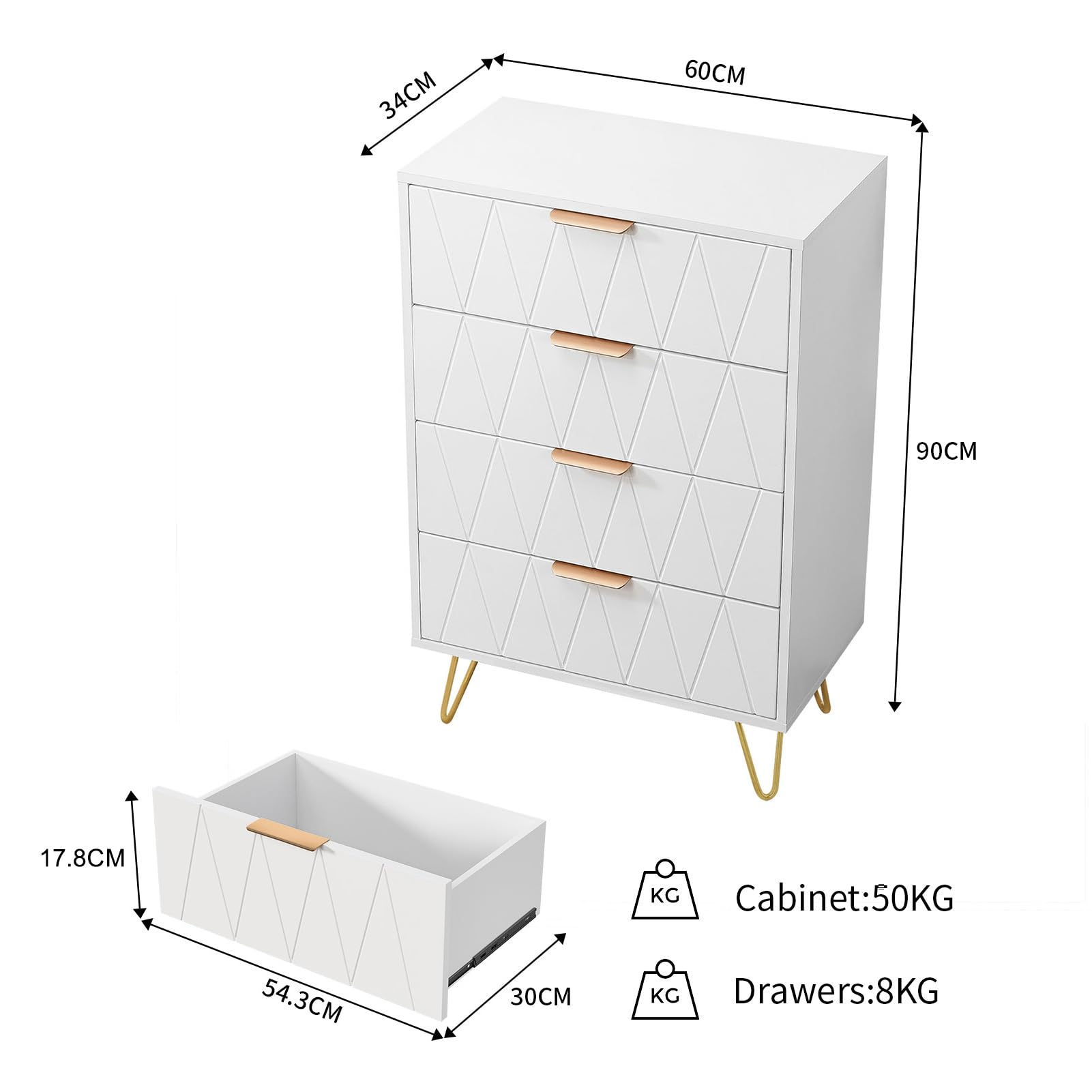 Commode 4 Tiroirs 60cm, Commode pour Chambre à Coucher, Enfant, Salon ou Couloir, Moderne Tiroirs Meuble de Rangement, 60x34x90 cm, Blanc